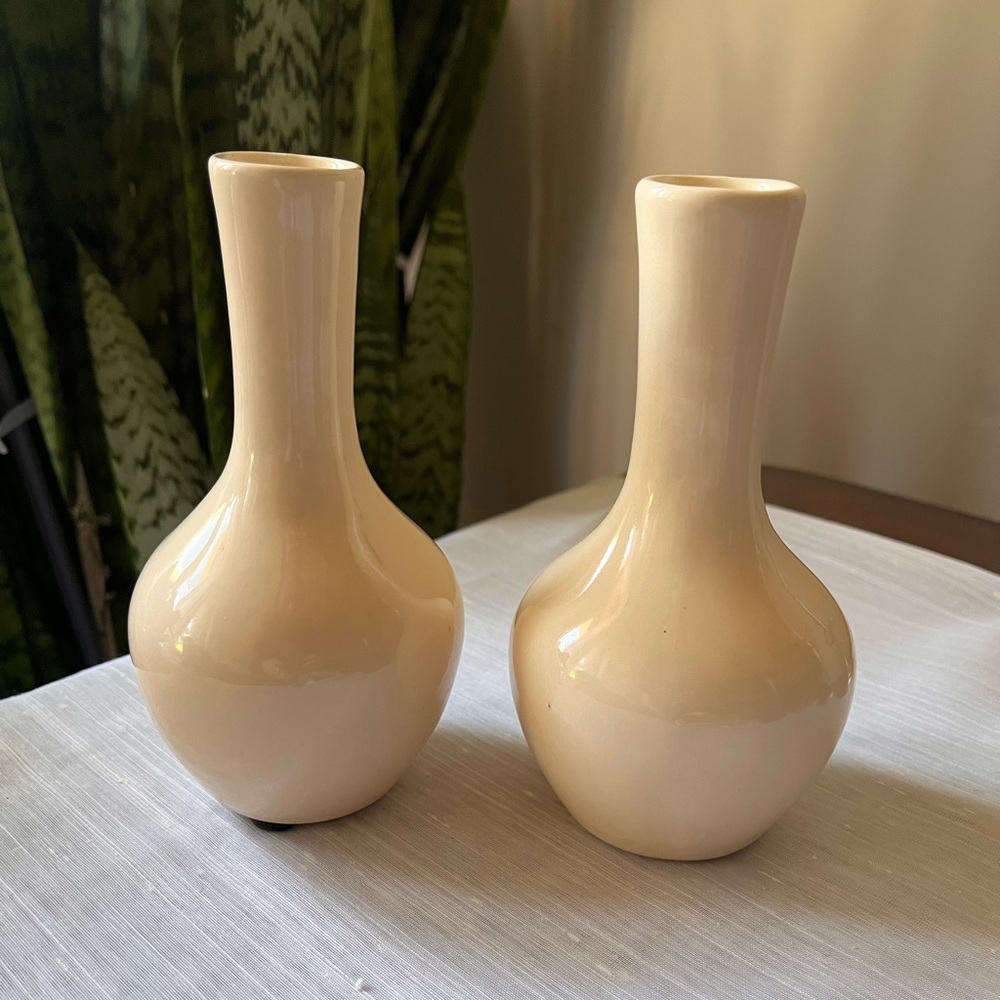 Vintage Beige Cream Ceramic Vases Set of 2 Matching Bud Vases Mod MCM Retro